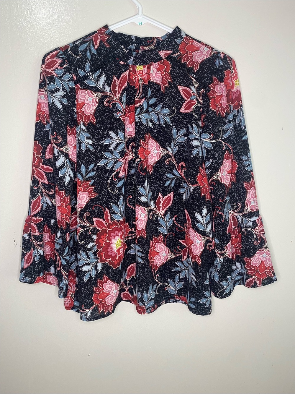 LOFT Black Floral Dotted Long-Sleeve Blouse with Pink and Red Blooms Size XS EUC